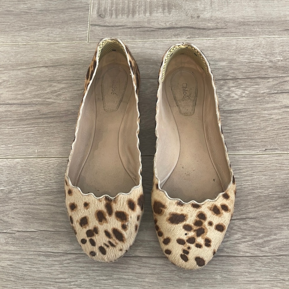 Chloe Lauren calf hair scalloped ballerina flat leopard print size 37